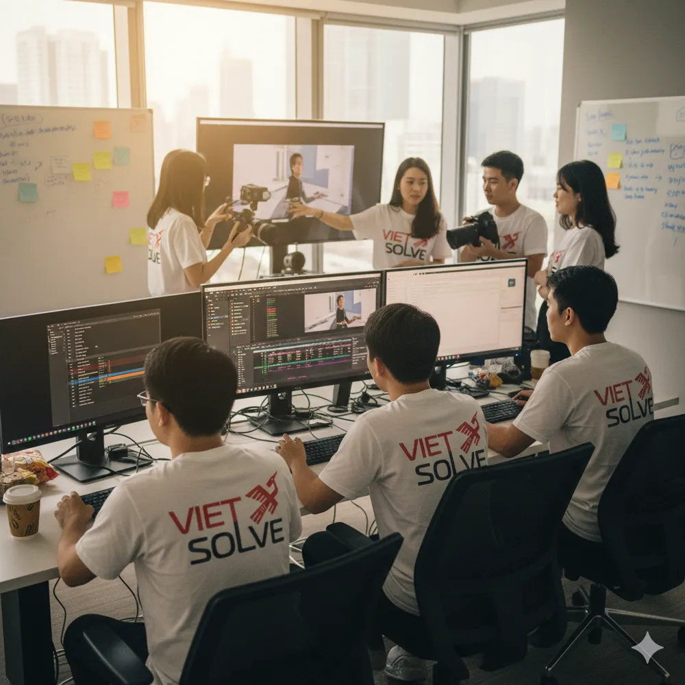 Đội kỹ thuật và dữ liệu VietSolve làm việc tại bàn nhiều màn hình